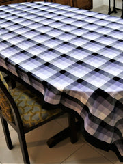 White, lavender, and black buffalo-check plaid oval table cover