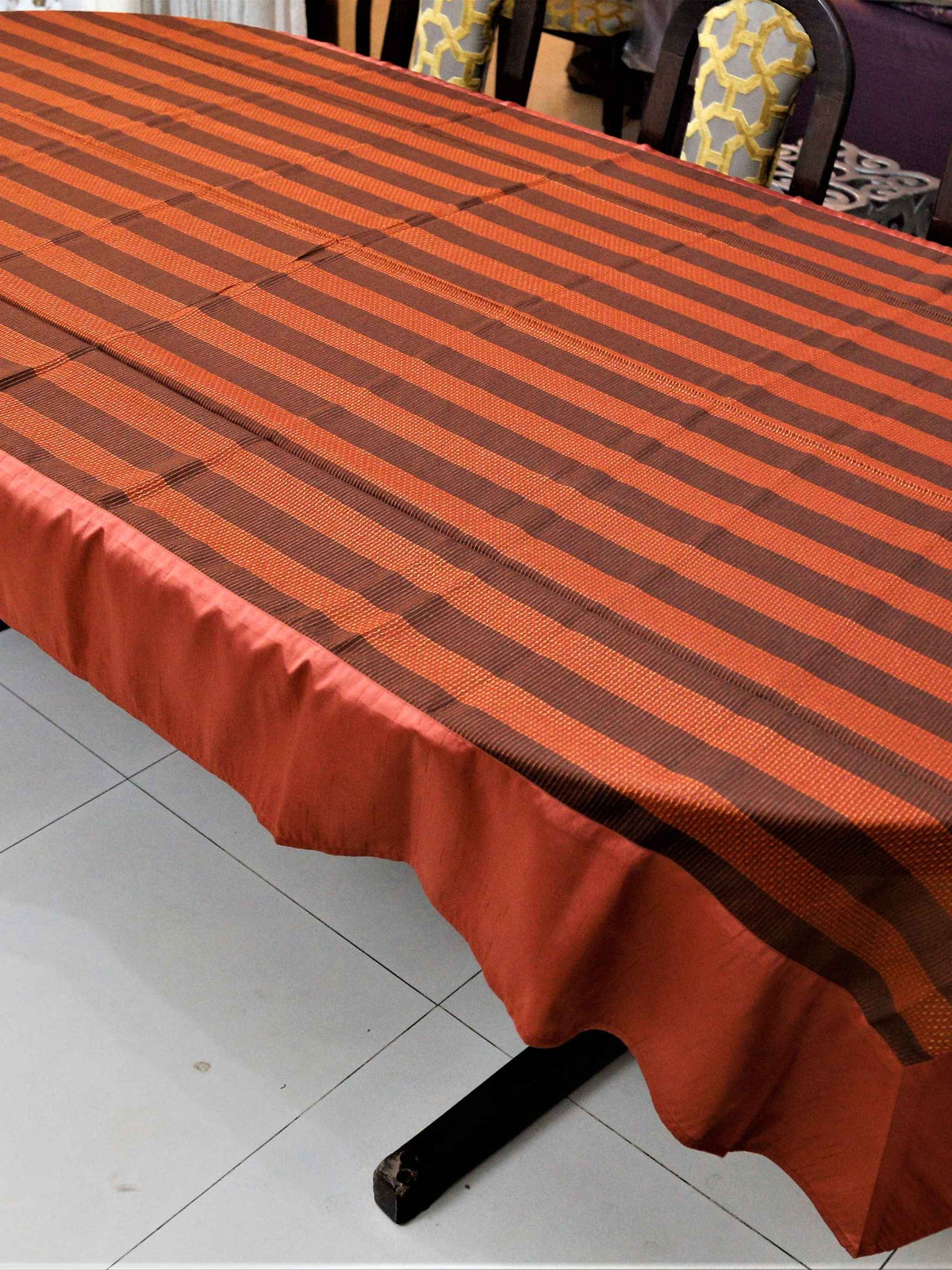 Rust-orange and dark brown horizontal striped sheer table cover
