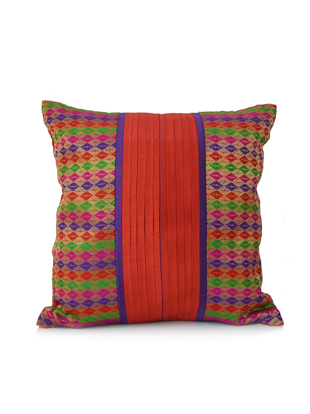 Multicolour woven brocade cushion cover with zigzag bands and a plain orange red stripe
