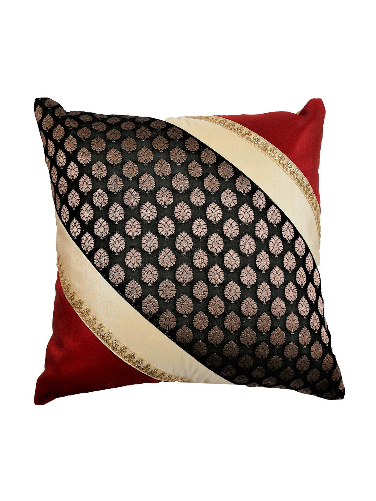 Red silk cushion cover with a diagonal black and gold brocade band and zari trim