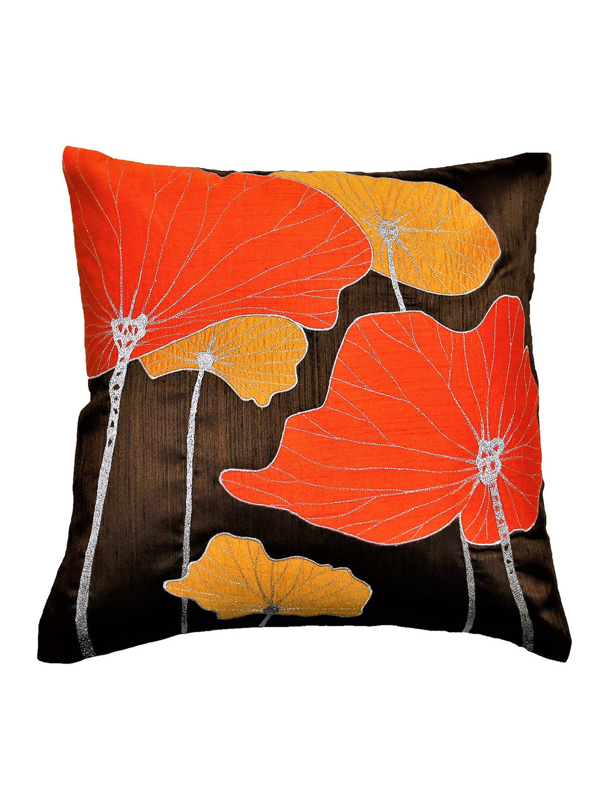 Dark brown cushion cover with large orange and gold appliqué lotus leaf shapes