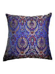 Royal blue brocade cushion cover woven with dense multicolour floral medallions