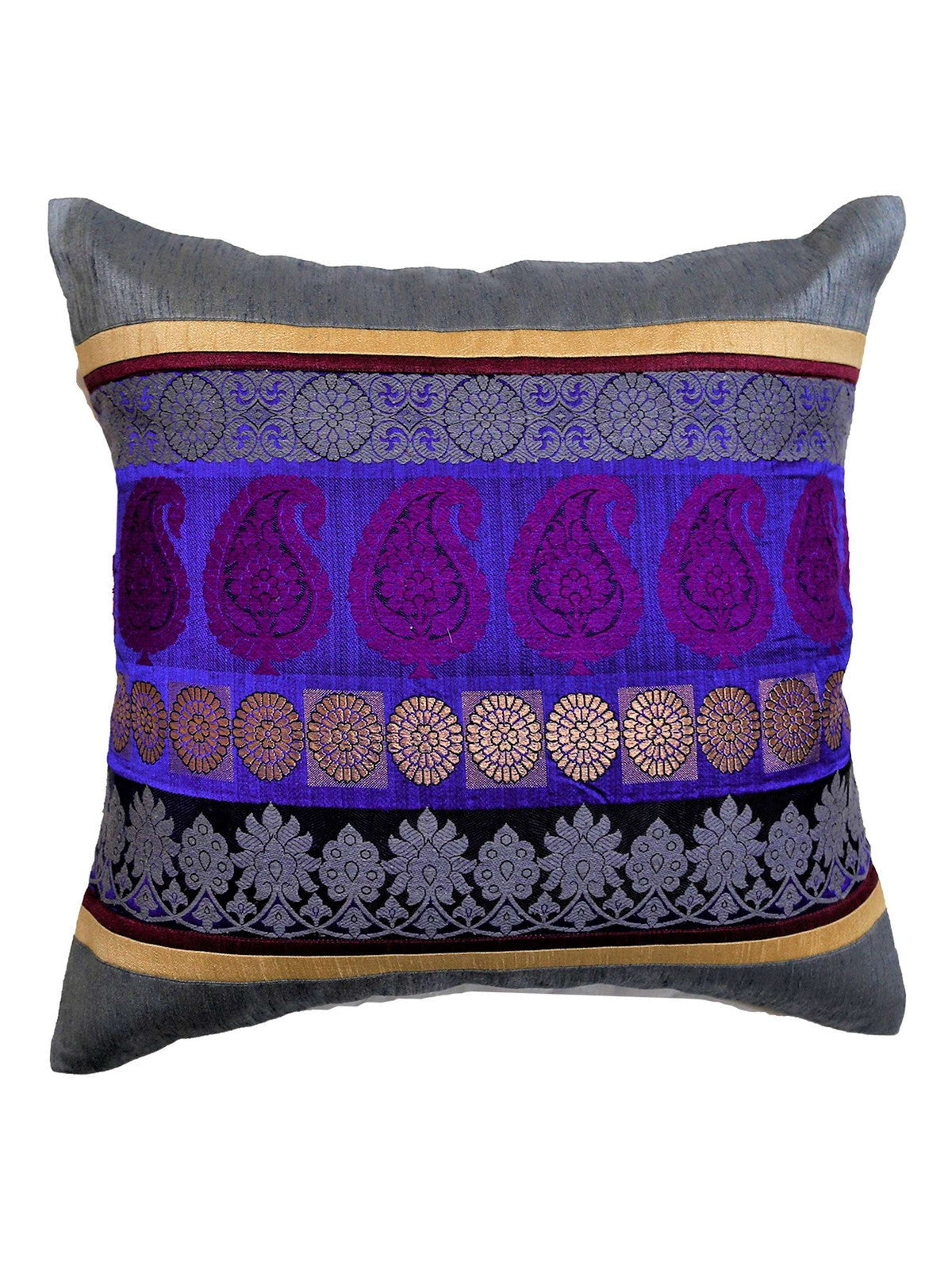 Grey dupion silk cushion cover with a banarasi brocade band in purple and gold