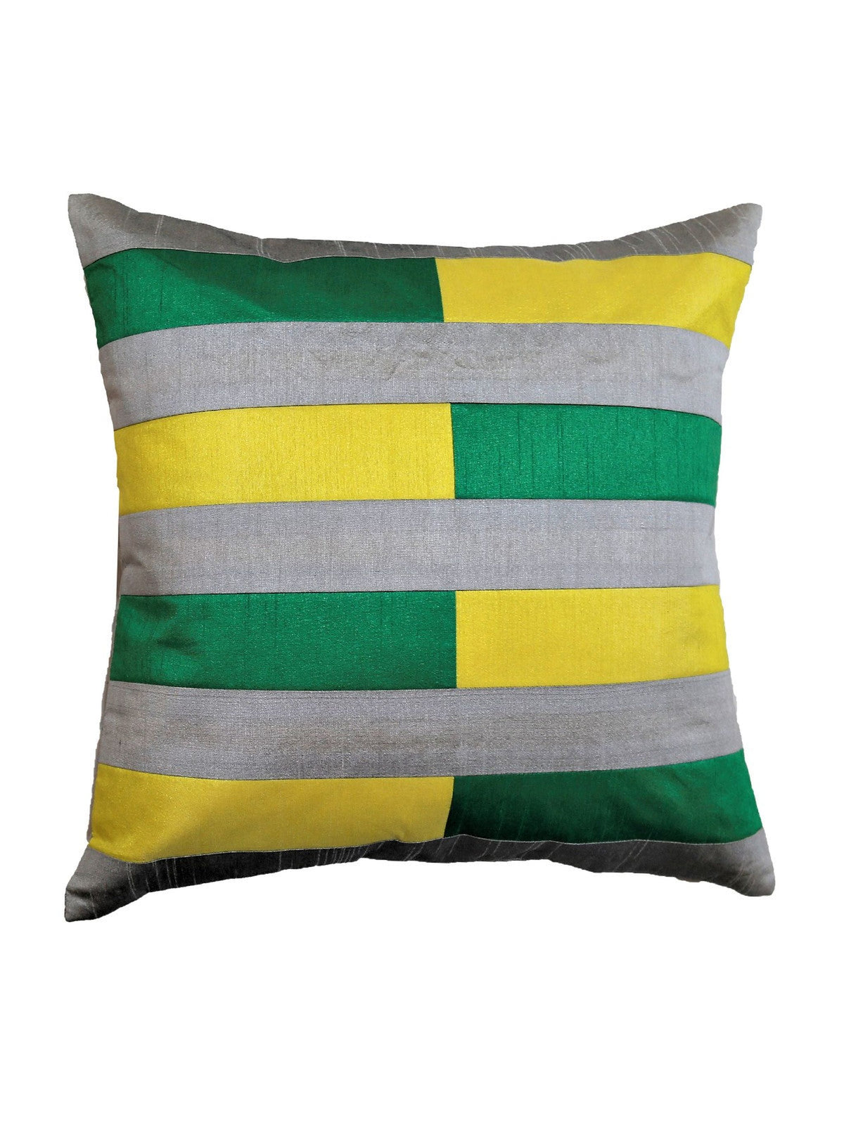 Grey, green and yellow pieced patchwork cushion cover in blocks of colour