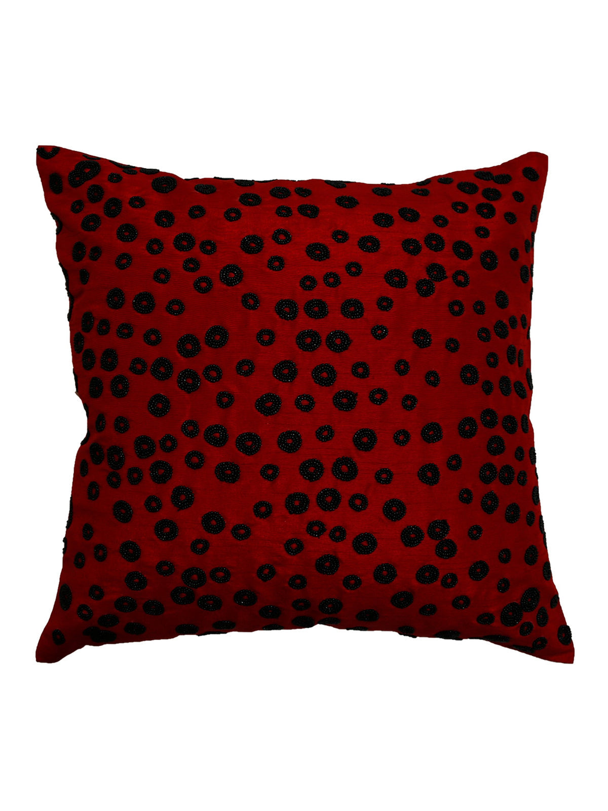 Red cushion cover scattered with black beaded circular clusters