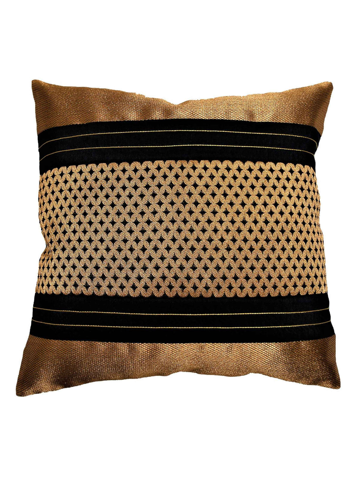 Black cushion cover with a gold woven brocade lattice band and metallic gold panels