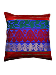 Red dupion silk cushion cover with three multicoloured banarsi brocade bands