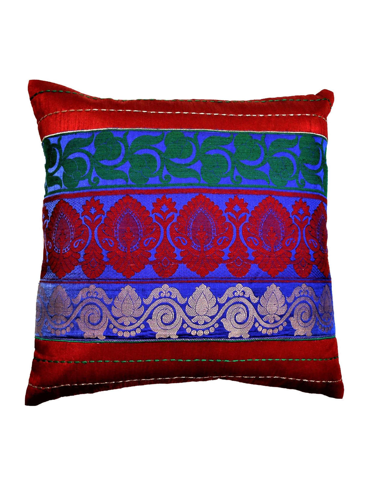 Red dupion silk cushion cover with three multicoloured banarsi brocade bands