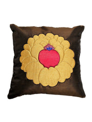 Brown cushion cover with a large gold lotus appliqué and pink silk centre