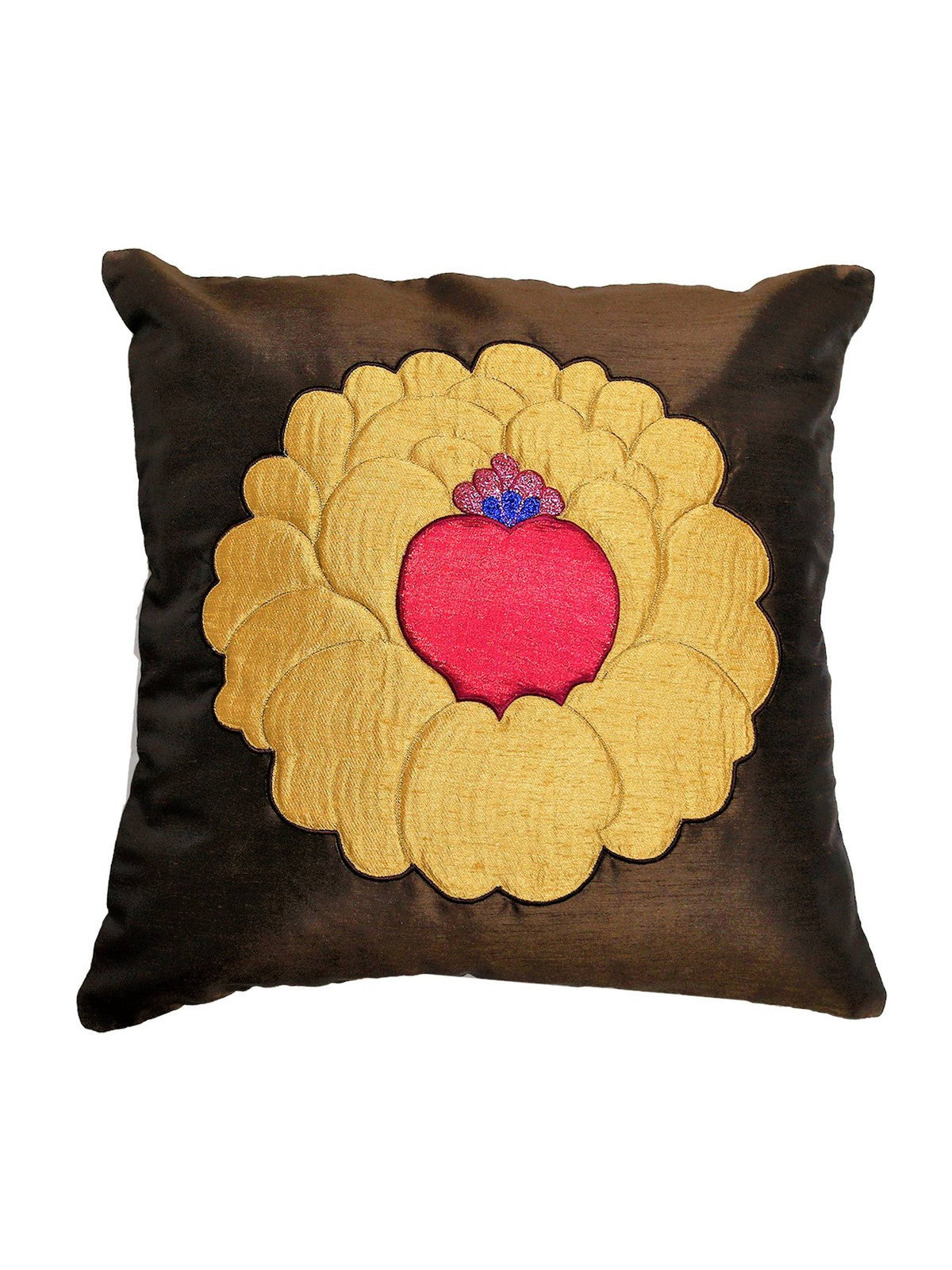 Brown cushion cover with a large gold lotus appliqué and pink silk centre