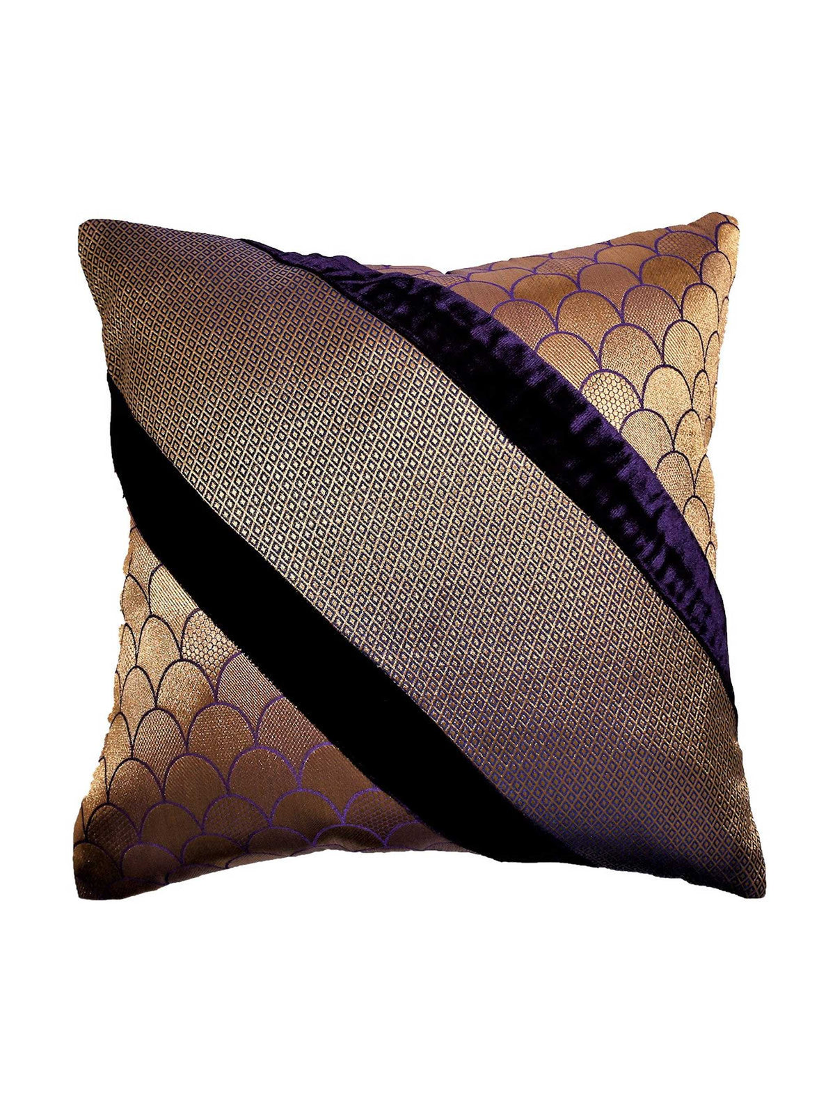 Gold brocade cushion cover with a diagonal purple velvet band