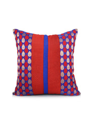 Royal blue and orange red panelled brocade cushion cover with gold buti motifs