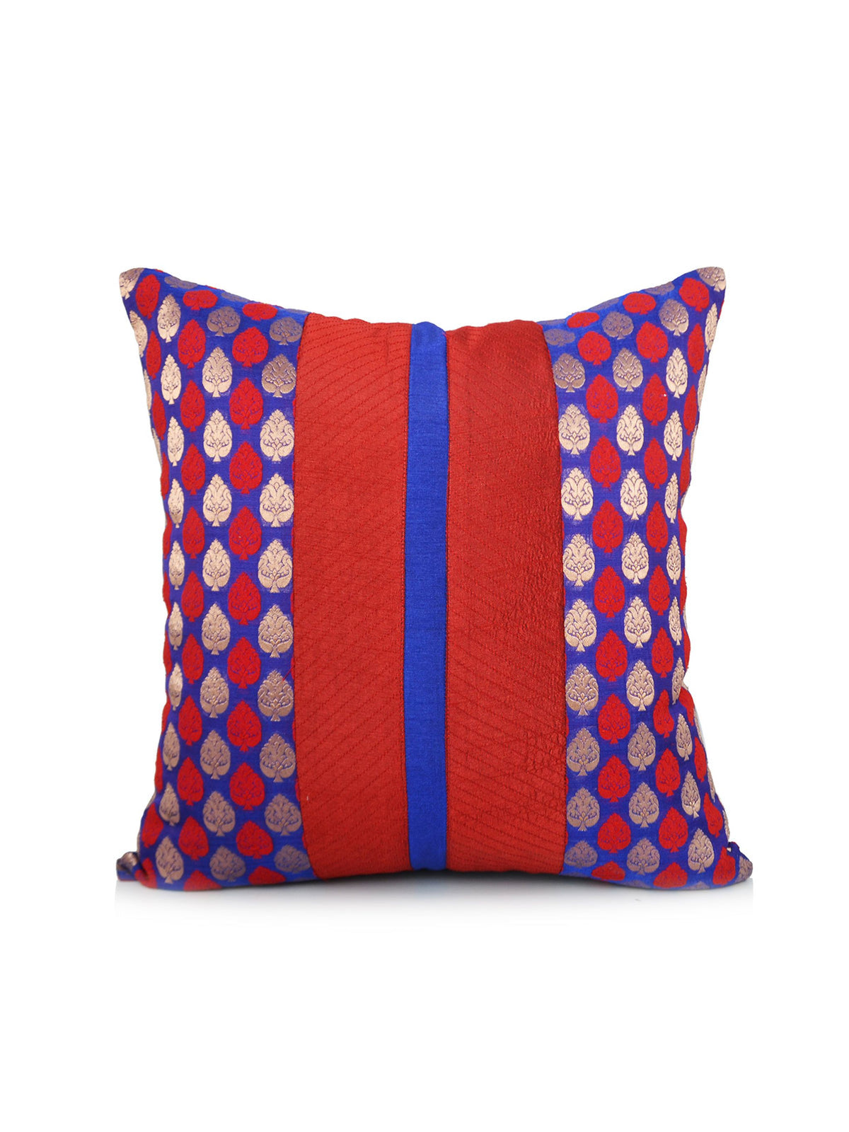 Royal blue and orange red panelled brocade cushion cover with gold buti motifs