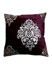 Wine velvet cushion cover with a silver foil printed damask medallion and corner motifs