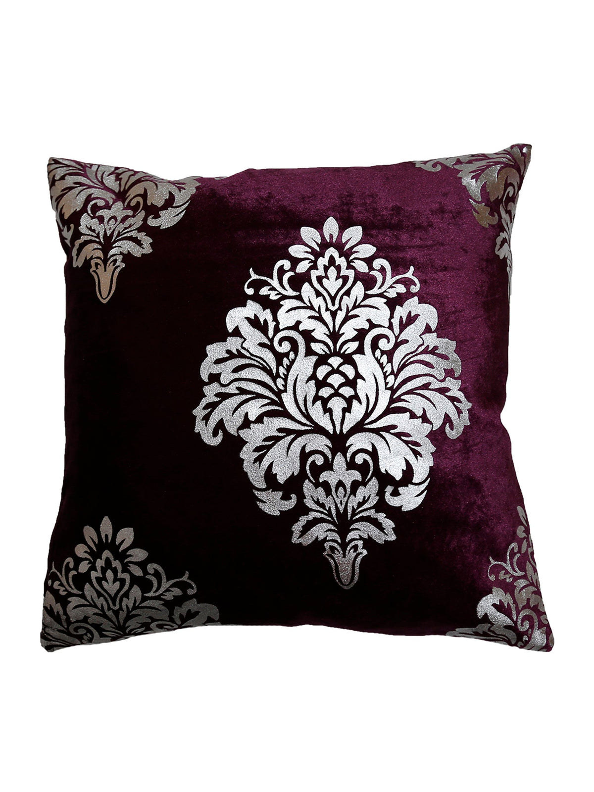 Wine velvet cushion cover with a silver foil printed damask medallion and corner motifs