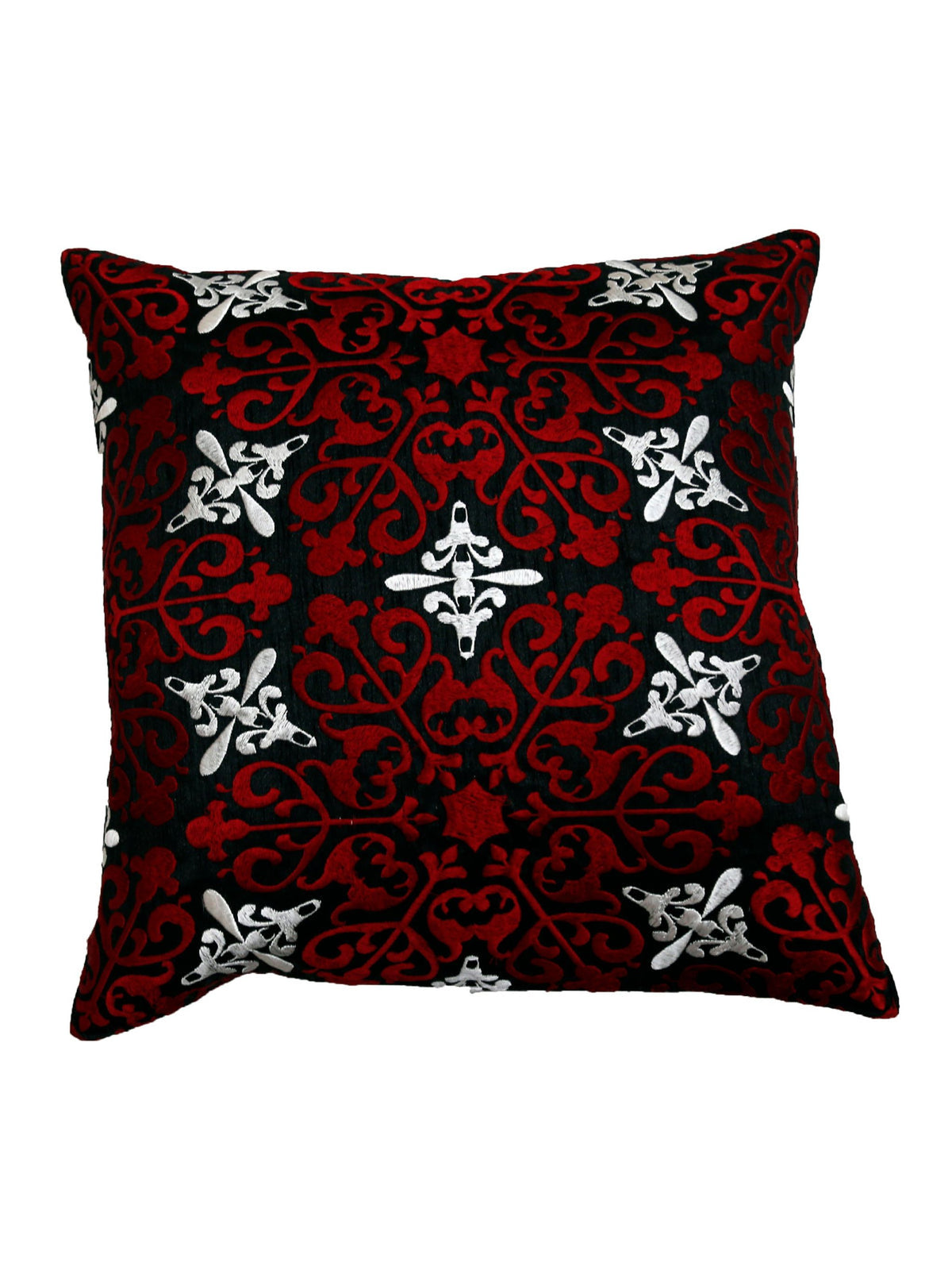 Black cushion cover with a red damask scroll pattern and white embroidered motifs