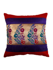 Red polysilk cushion cover with purple velvet bands and a gold banarsi brocade panel