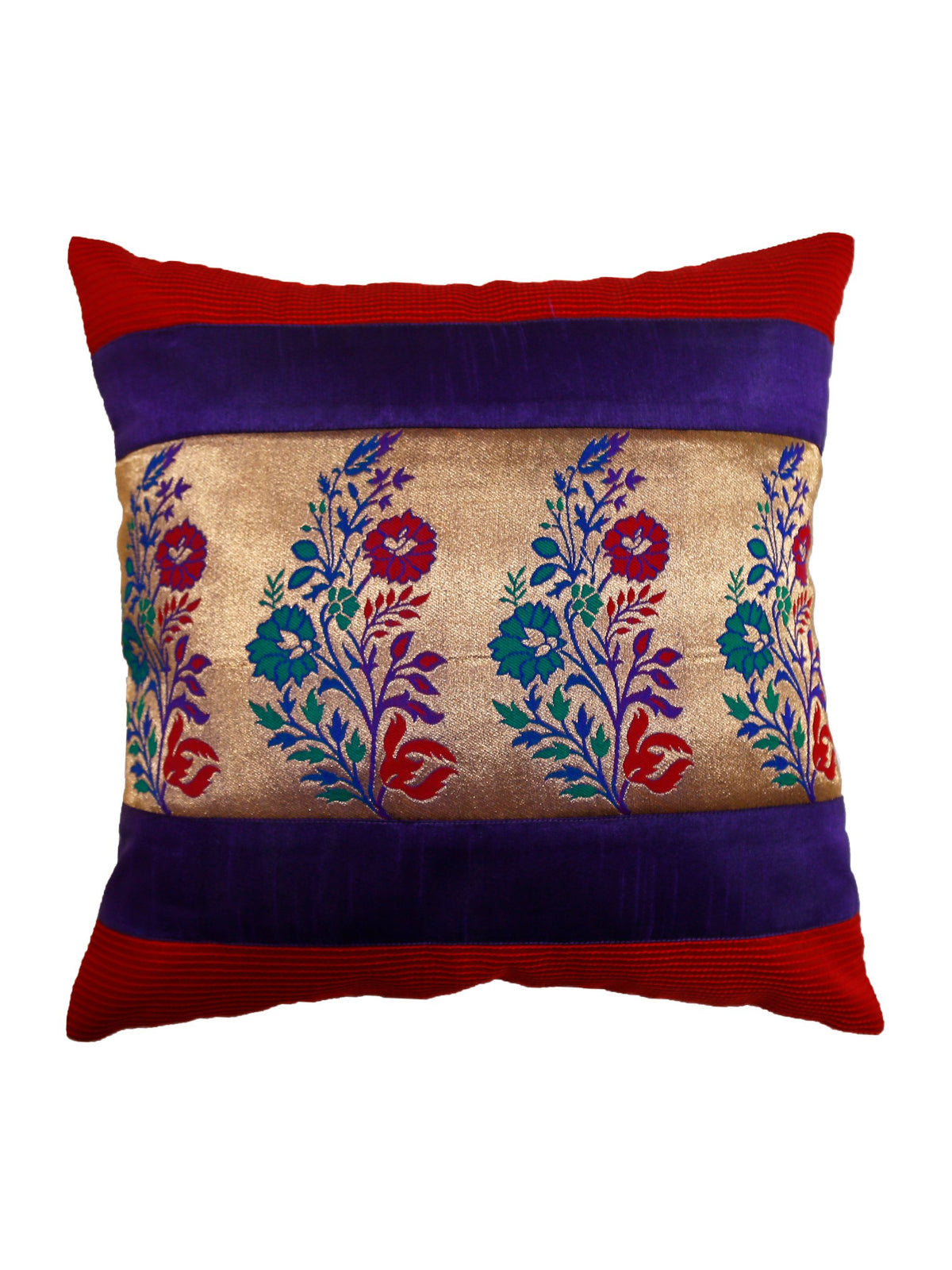 Red silk cushion cover with purple velvet bands and a gold banarsi brocade panel