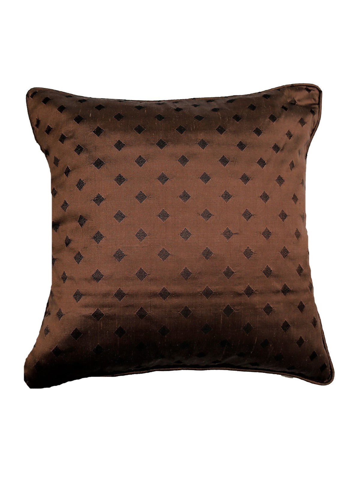 Brown silk cushion cover with small dark woven diamond motifs