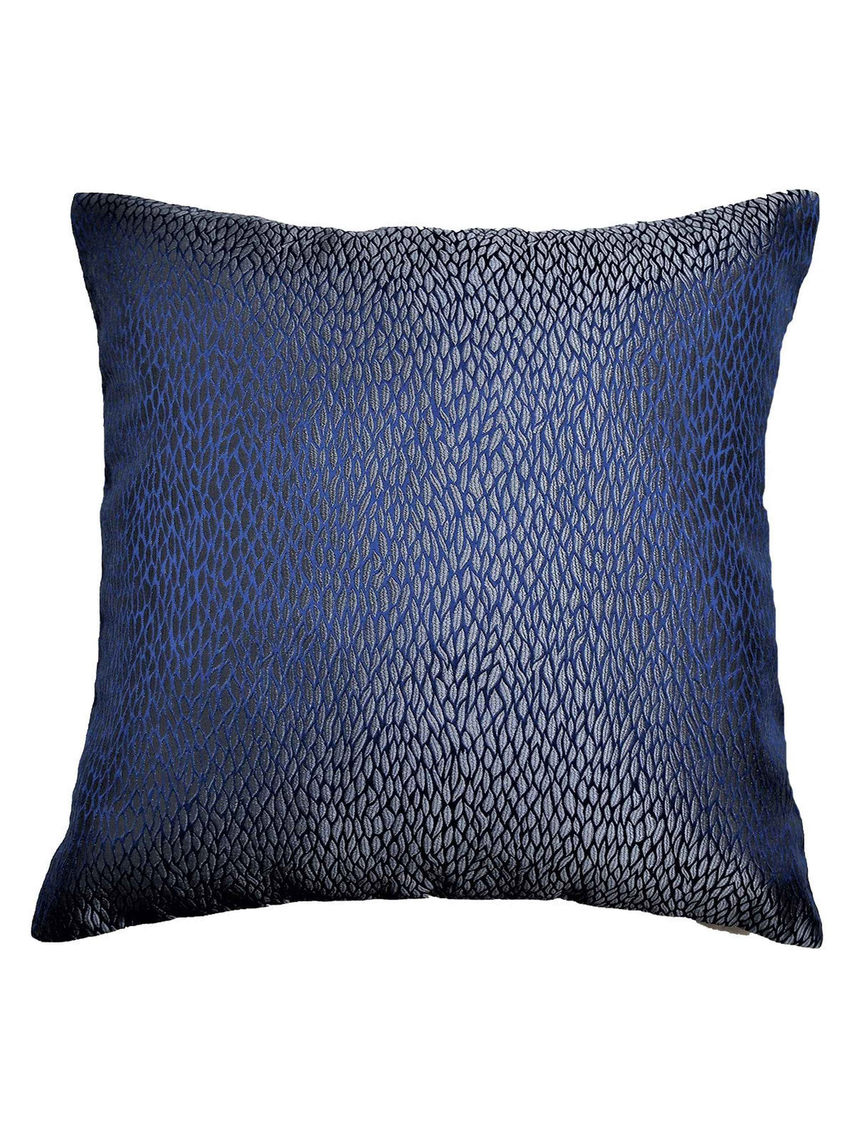 Navy blue cushion cover with an all-over metallic feather-leaf jacquard texture
