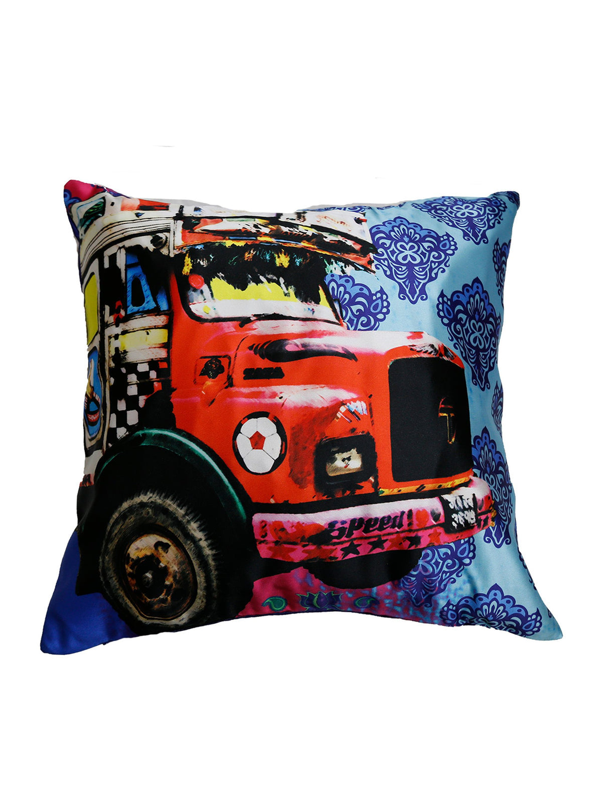 Cushion cover printed with a colourful Indian truck-art design and a blue paisley border