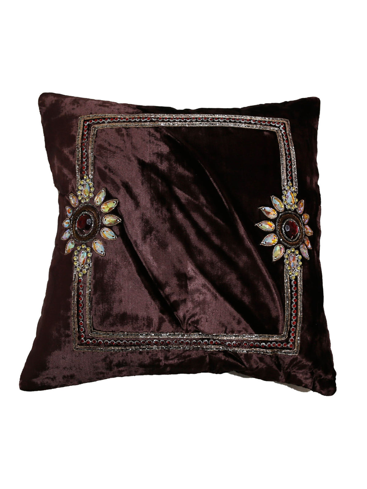 Deep brown velvet cushion cover with beaded floral medallions in a beige embroidered border