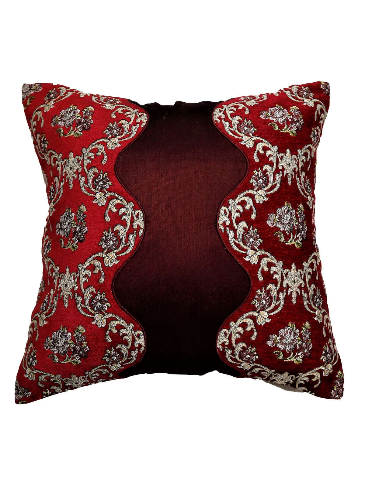 Red dupion silk cushion cover with cream floral brocade side panels and a plain wine-silk centre strip