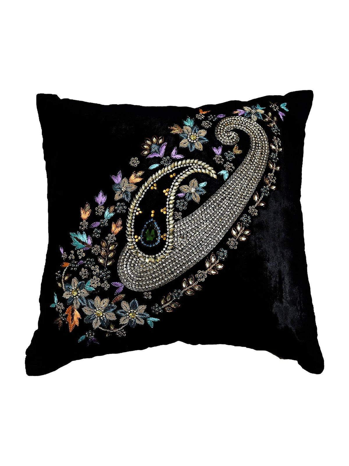 Black velvet cushion cover with a large diagonal beaded paisley motif in silver, gold and pearl, set with a green stone and floral bead embroidery