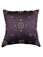 Deep plum cushion cover with beaded floral star medallions in silver and pink stones