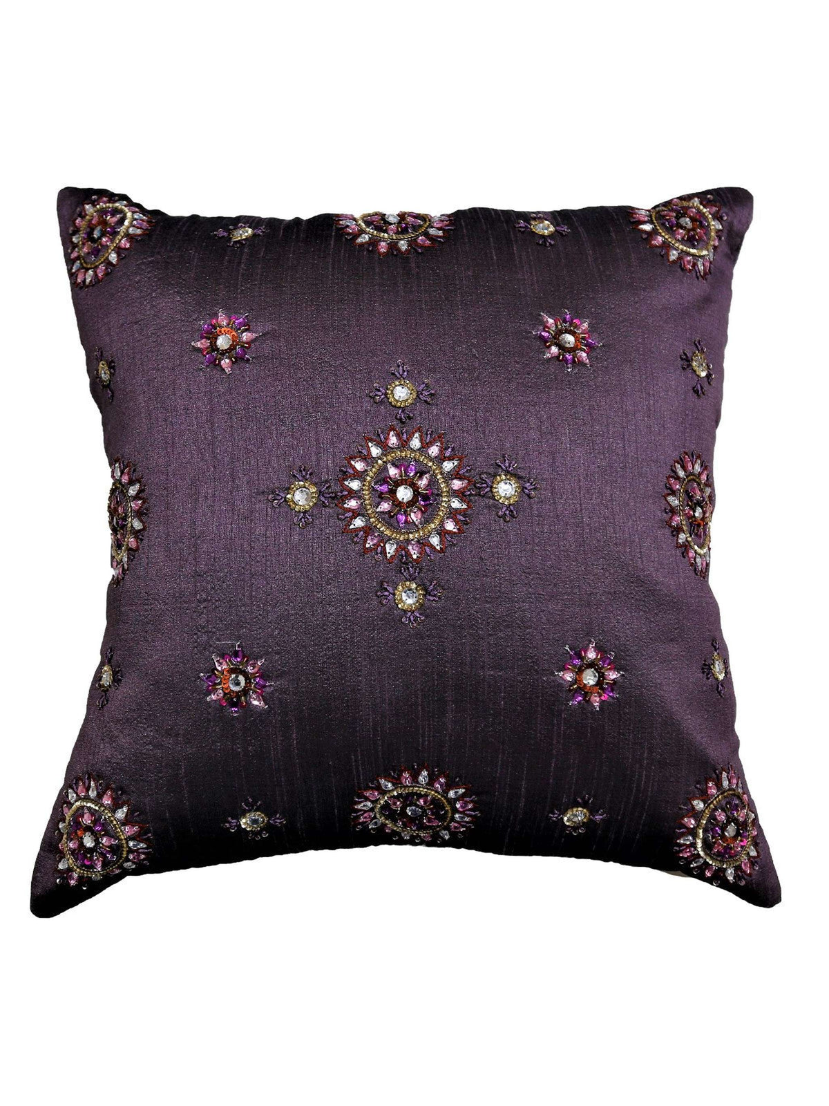 Deep plum cushion cover with beaded floral star medallions in silver and pink stones