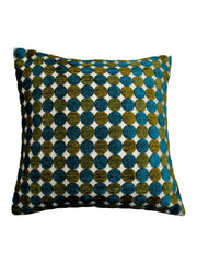 Teal and olive polka-dot chenille cushion cover on an ivory ground