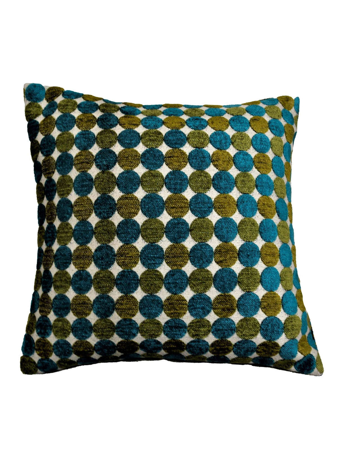 Teal and olive polka-dot chenille cushion cover on an ivory ground