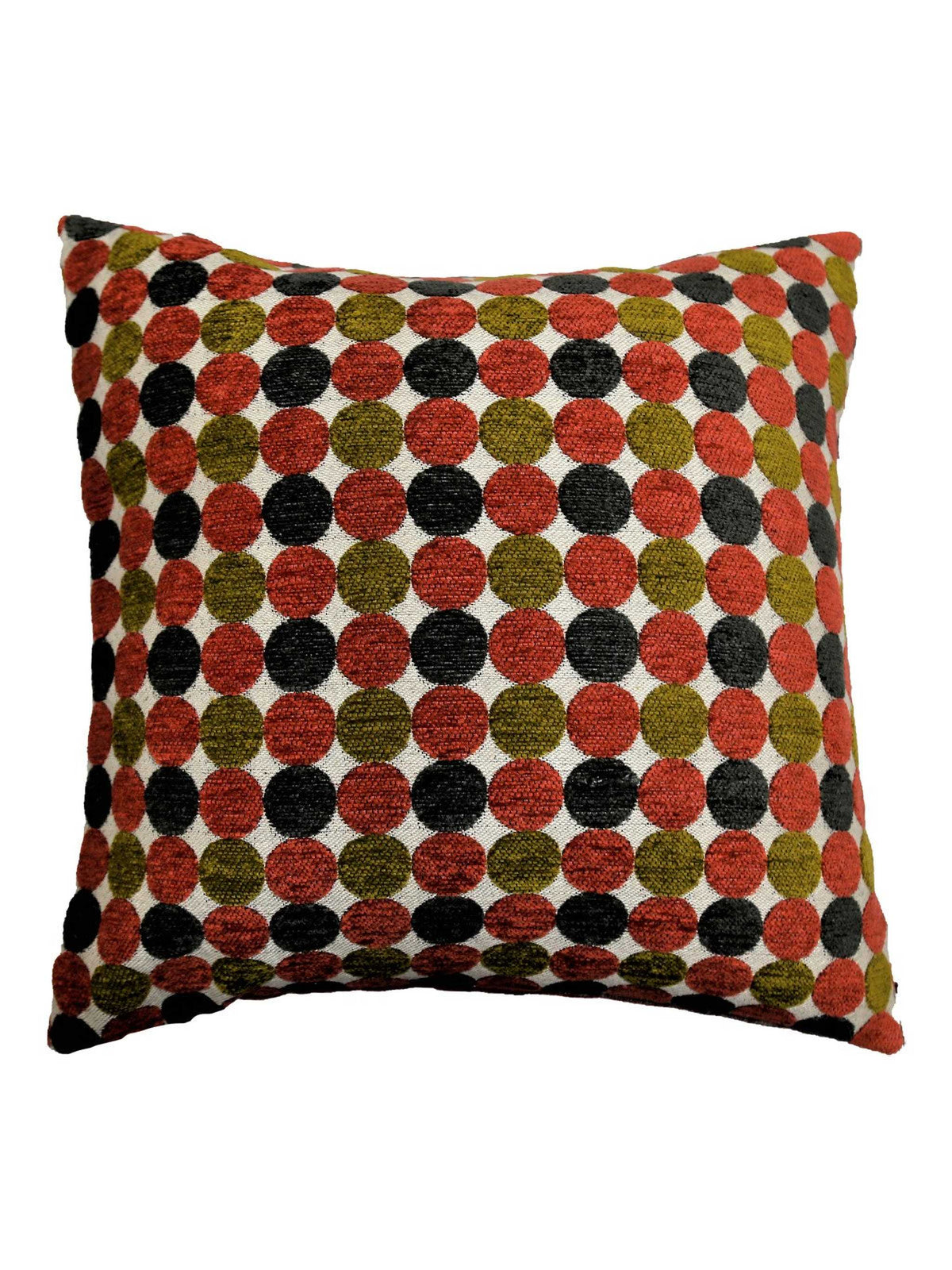 Rust, olive and black polka-dot chenille cushion cover on an ivory ground