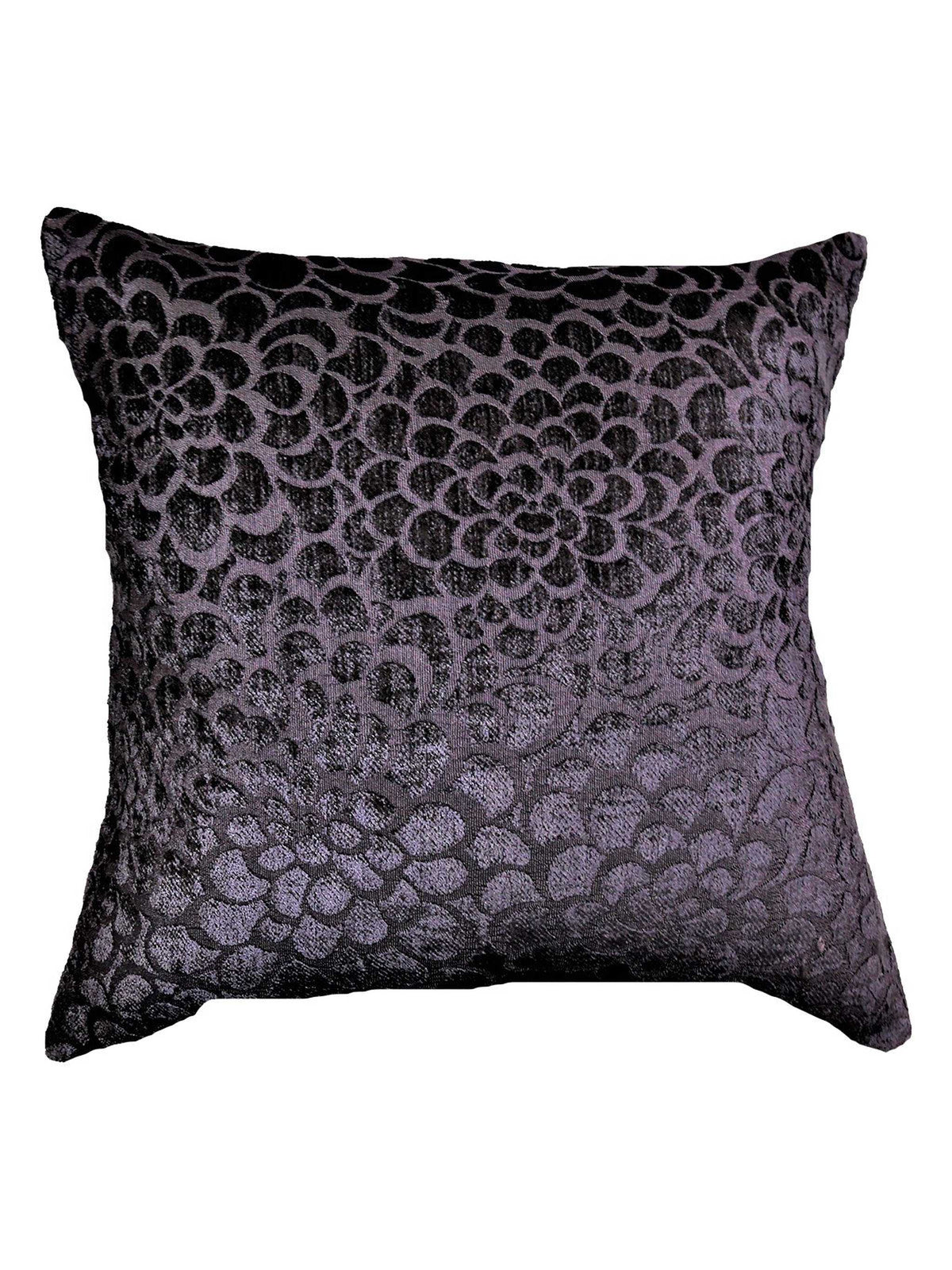 Charcoal-grey velvet cushion cover with a black scalloped floral burnout pattern