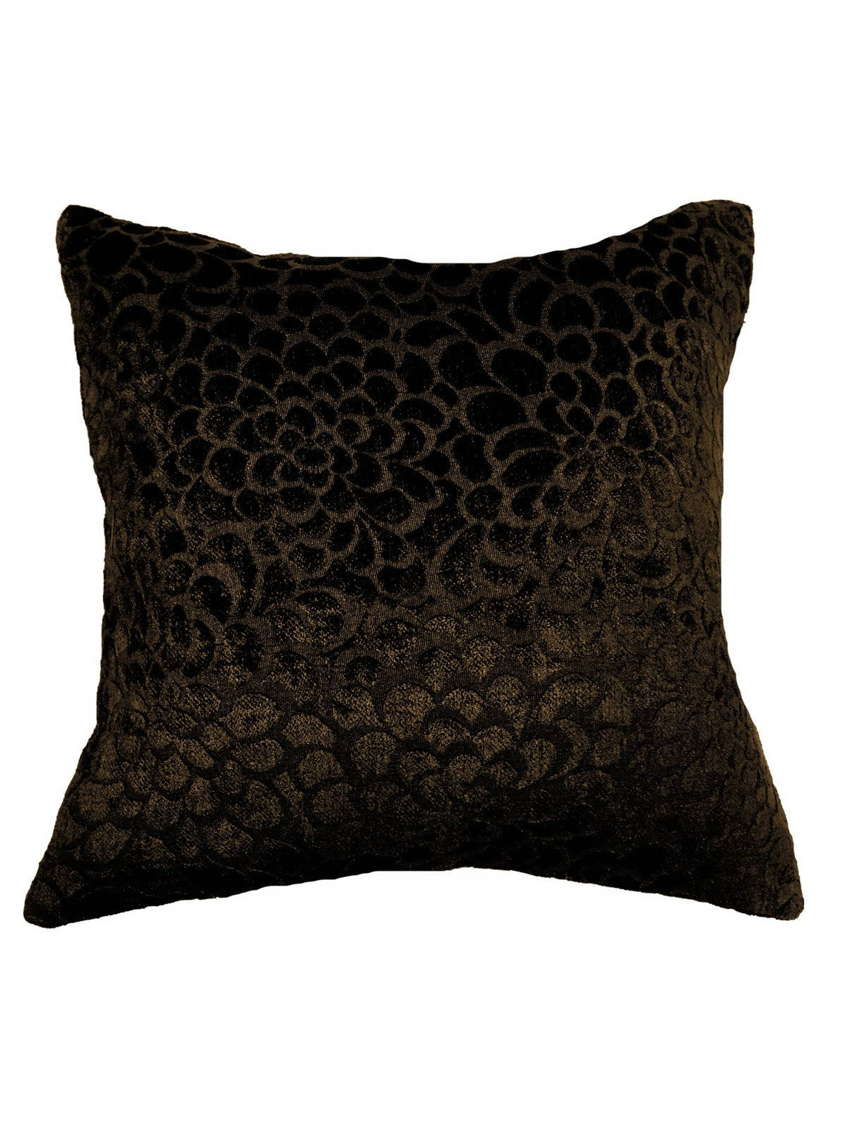 Near-black espresso-brown velvet cushion cover with a subtle floral burnout pattern