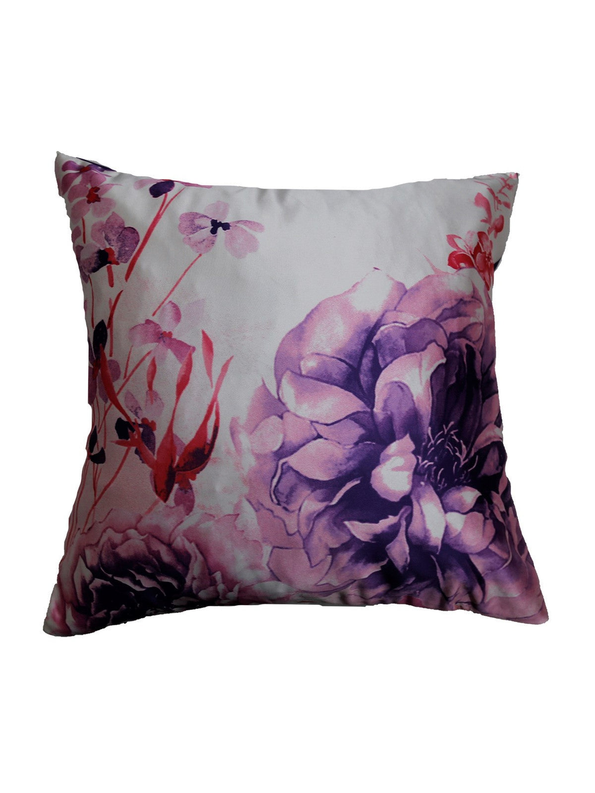 Watercolour floral print cushion cover - purple peonies and red accents on cream