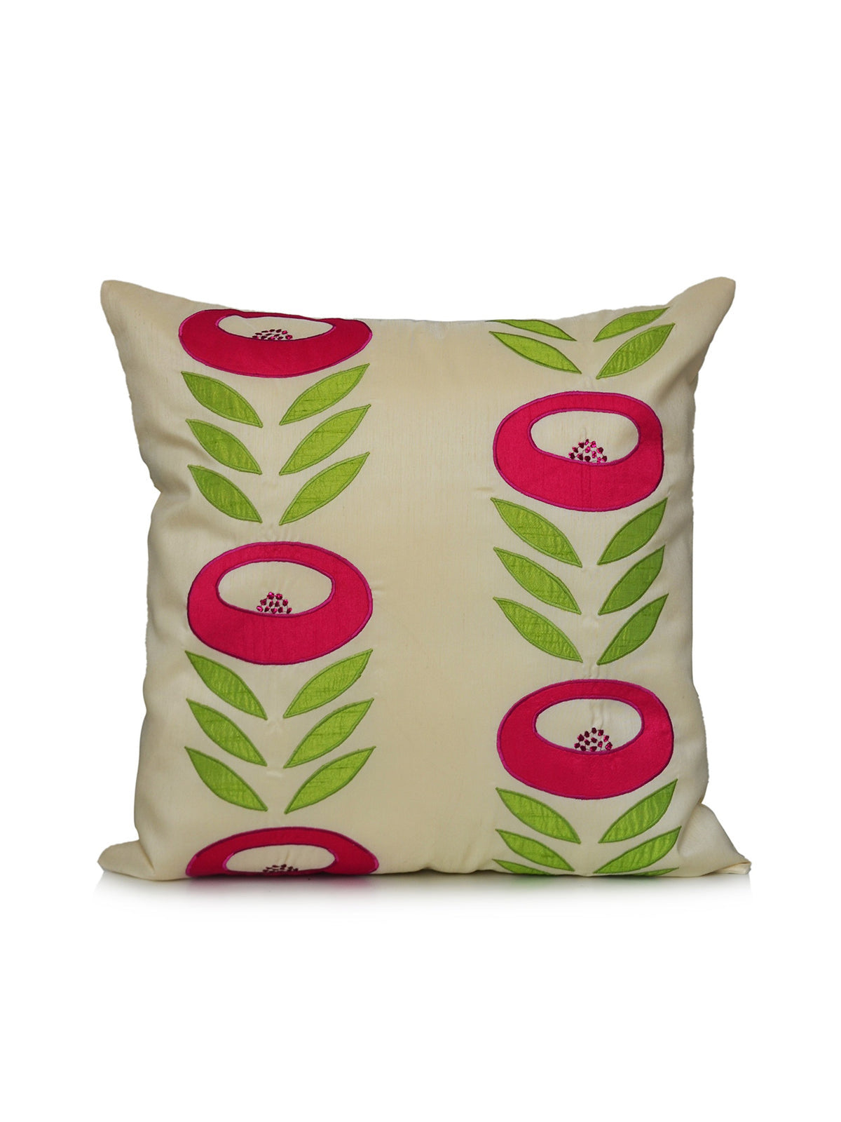 Ivory dupion silk cushion cover with a pink ring-flower and green leaf-vine applique