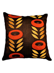 Espresso-brown dupion silk cushion cover with an orange ring-flower and gold leaf-vine applique