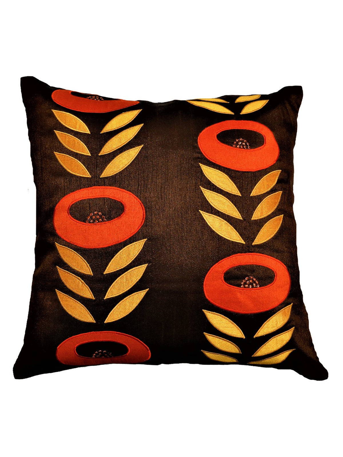 Espresso-brown dupion silk cushion cover with an orange ring-flower and gold leaf-vine applique