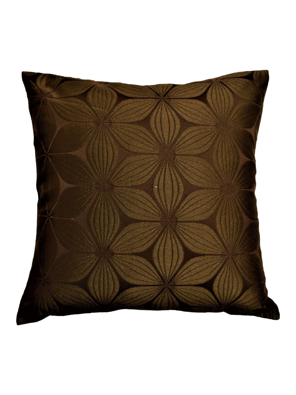Olive-brown jacquard cushion cover with a six-petal flower pattern