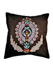 Dark brown cushion cover with a colourful damask medallion embroidery in turquoise, coral and gold