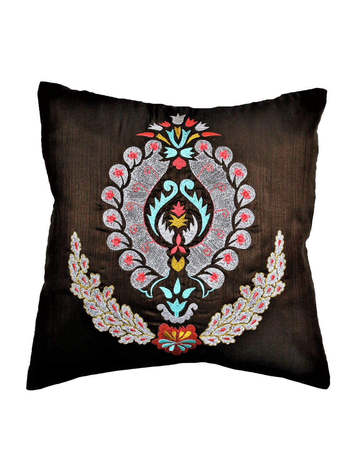 Dark brown cushion cover with a colourful damask medallion embroidery in turquoise, coral and gold