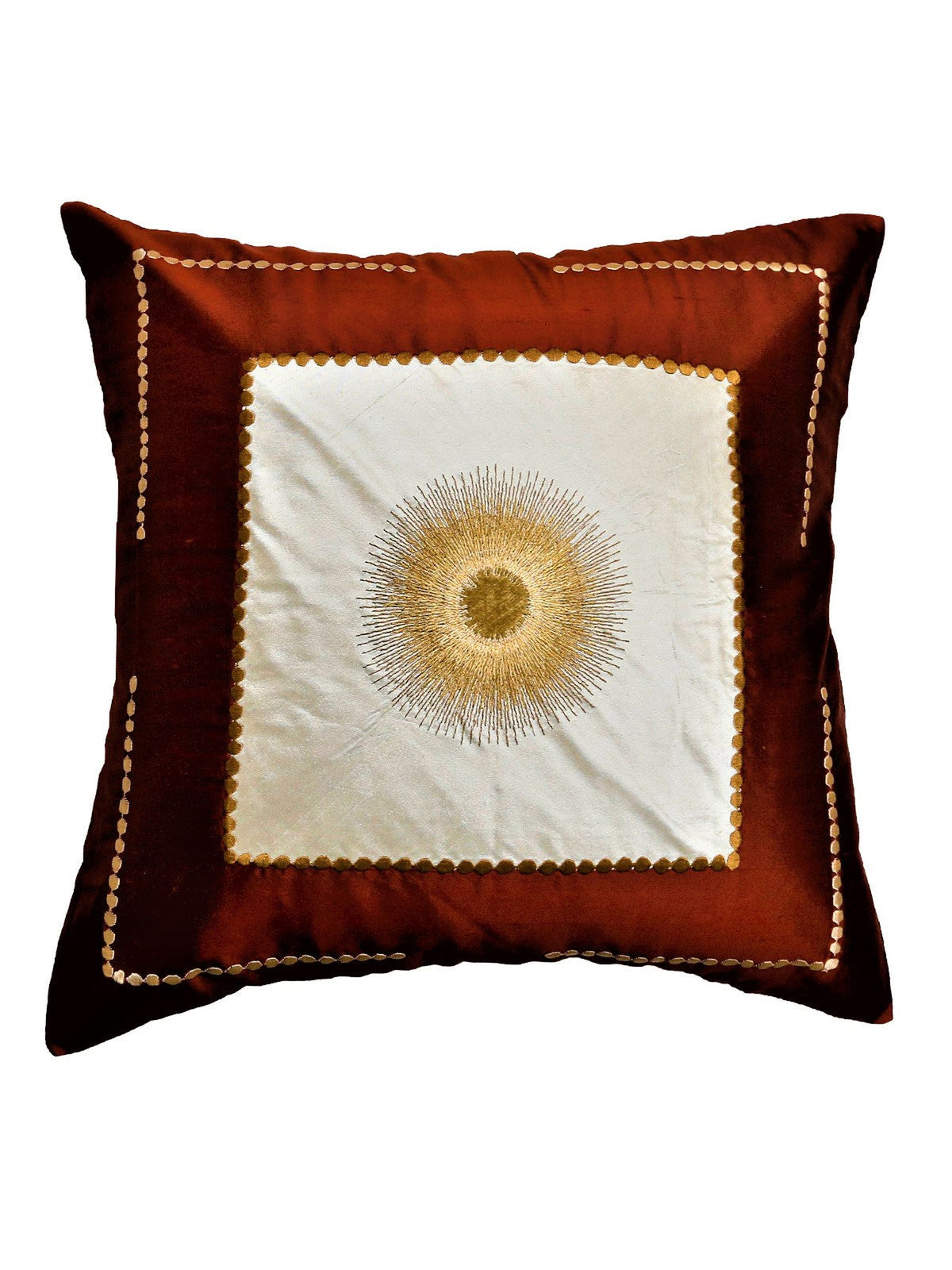 Rust silk cushion cover with an ivory centre panel and gold sunburst embroidery, gold bead trim