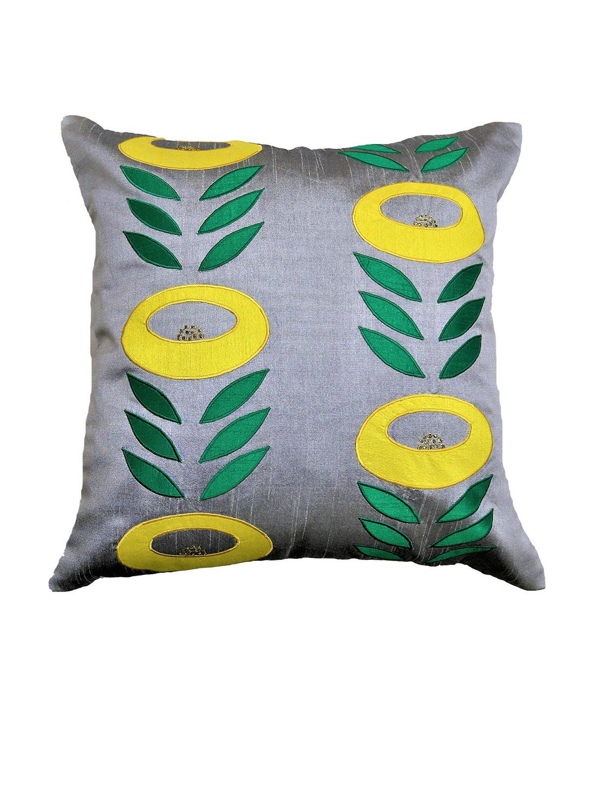 Grey silk cushion cover with a yellow ring-flower and green leaf-vine applique