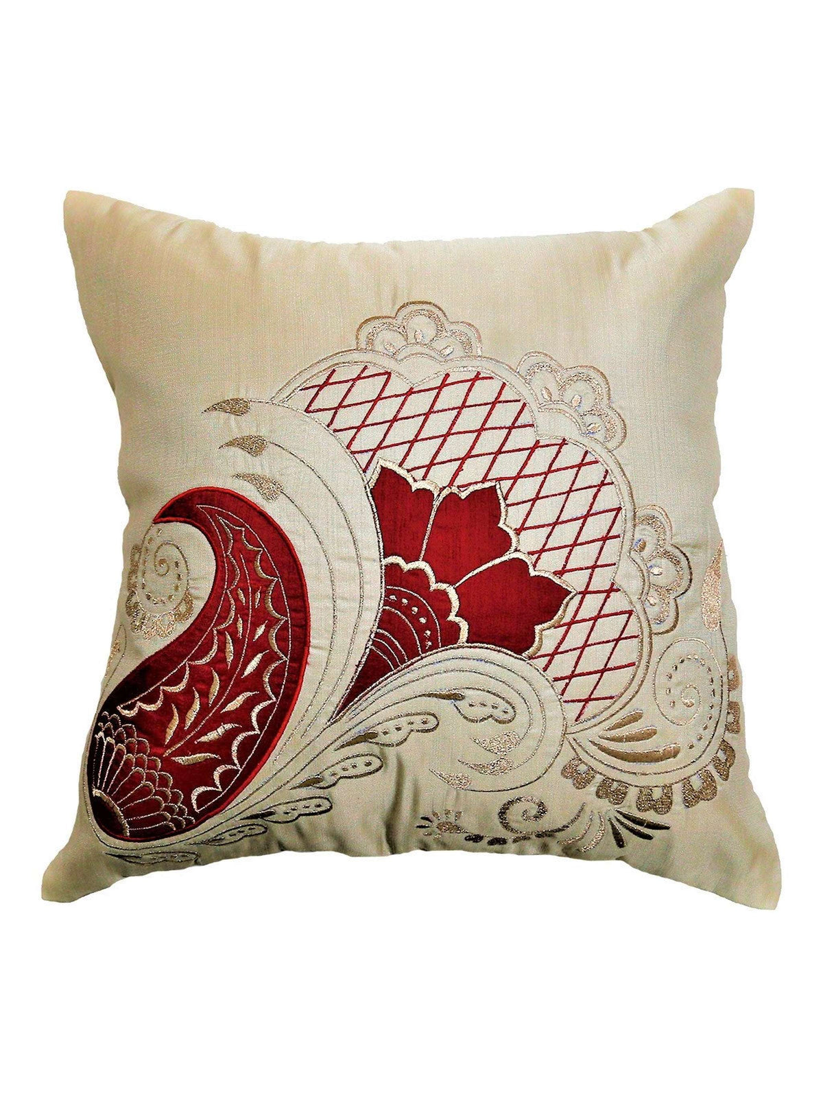 Ivory cushion cover with a red and gold paisley-fan embroidered applique