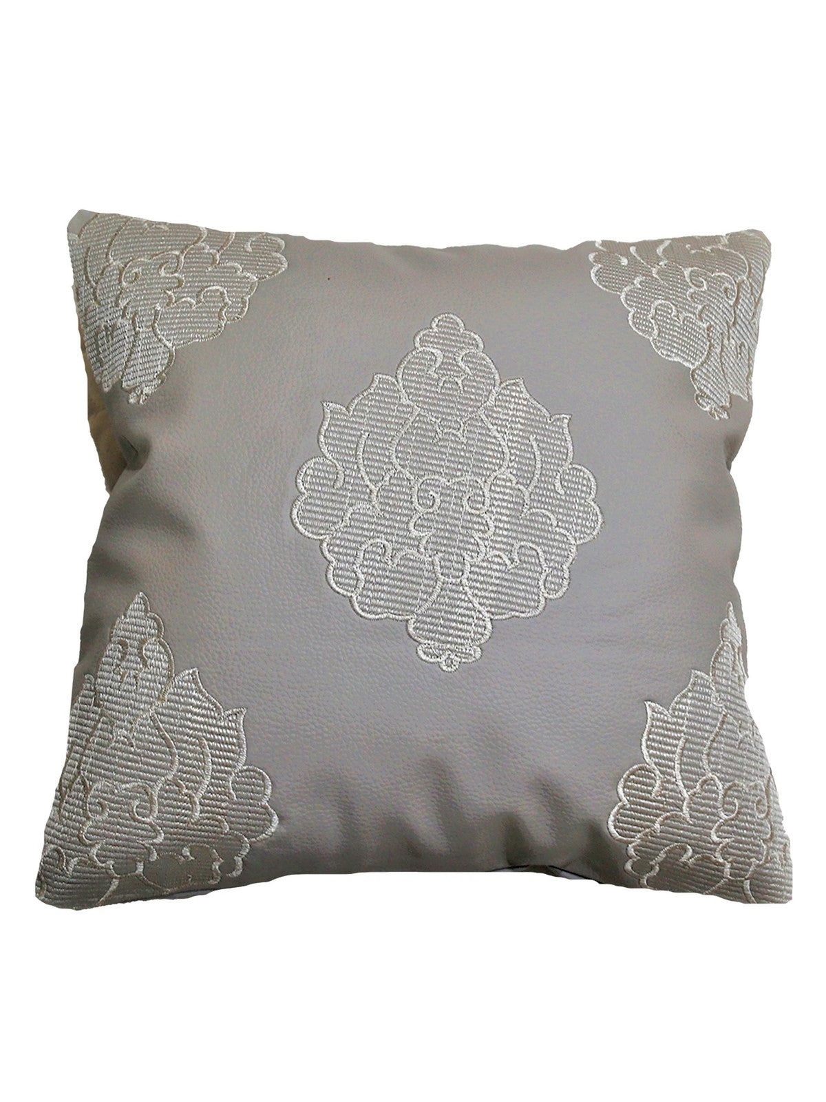 Grey faux leather cushion cover with a cream damask medallion embroidery