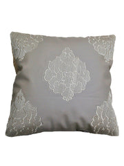 Grey faux leather cushion cover with a cream damask medallion embroidery