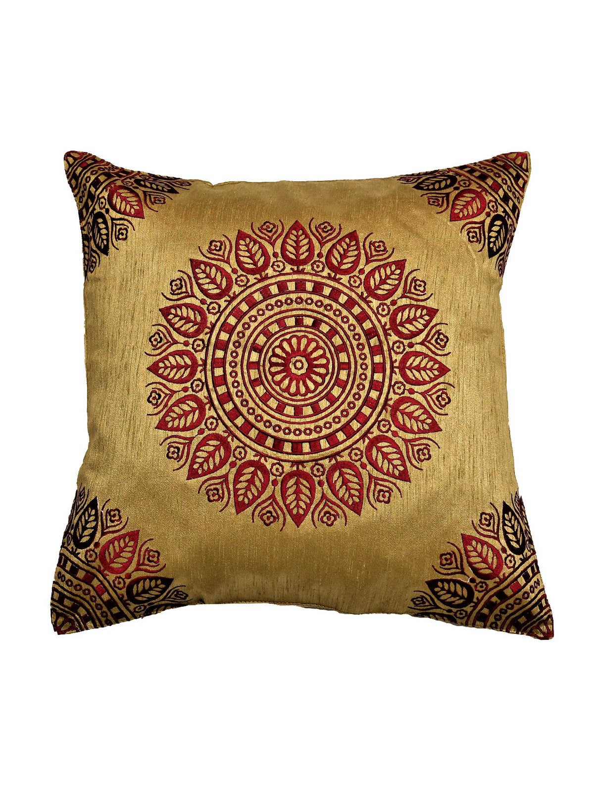 Gold cushion cover with a maroon and black sunburst mandala pattern