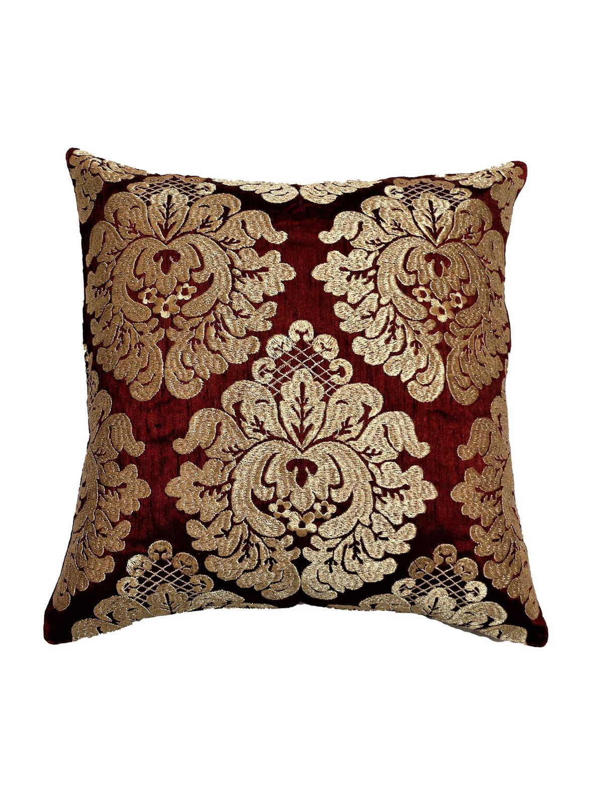 Deep maroon cushion cover with a gold and cream damask floral embroidery, sequin accents