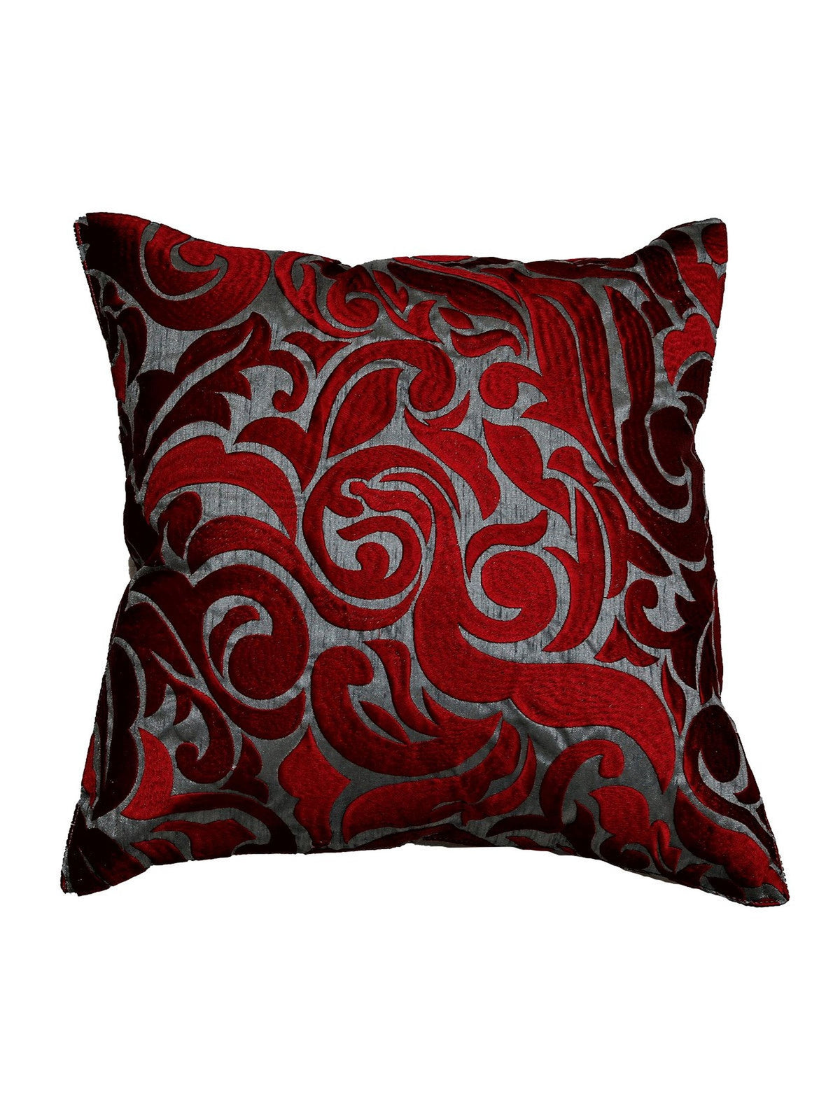 Red and silver-grey swirling leaf pattern cushion cover